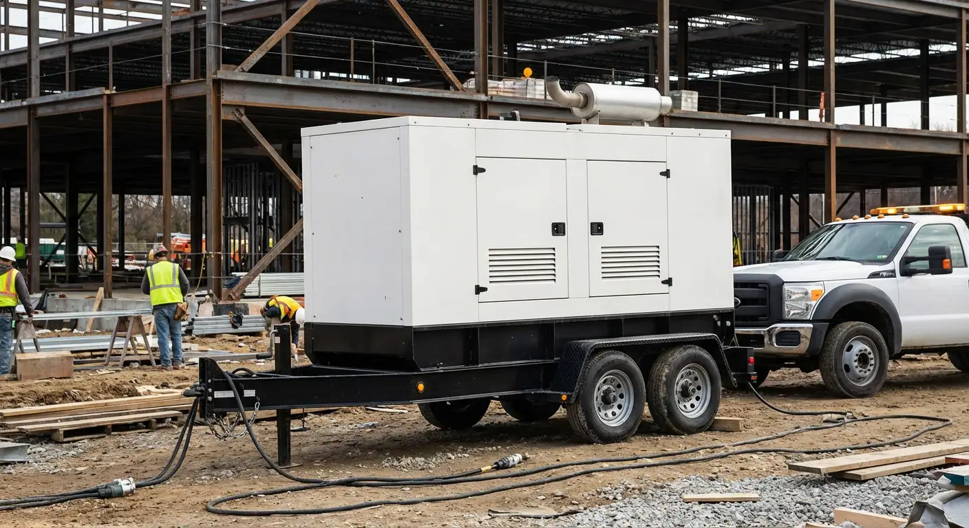 A rugged 100kW towable generator positioned on a dusty construction site near a steel framework, with yellow heavy-duty cables running toward the structure. in Walnut Creek, CA