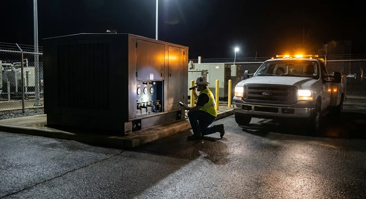 Nighttime shot of a fuel technician monitoring a flow meter while refueling a massive white standby generator enclosure near a secure building. in Walnut Creek, CA