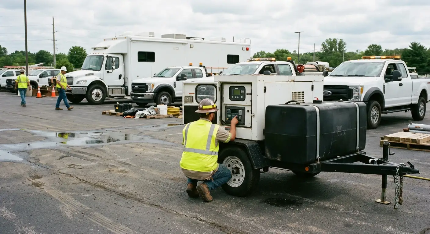 A high-angle shot of an emergency response staging area with a large black mobile command vehicle (bus style); a white industrial generator sits adjacent, with a technician checking the control panel. in Walnut Creek, CA