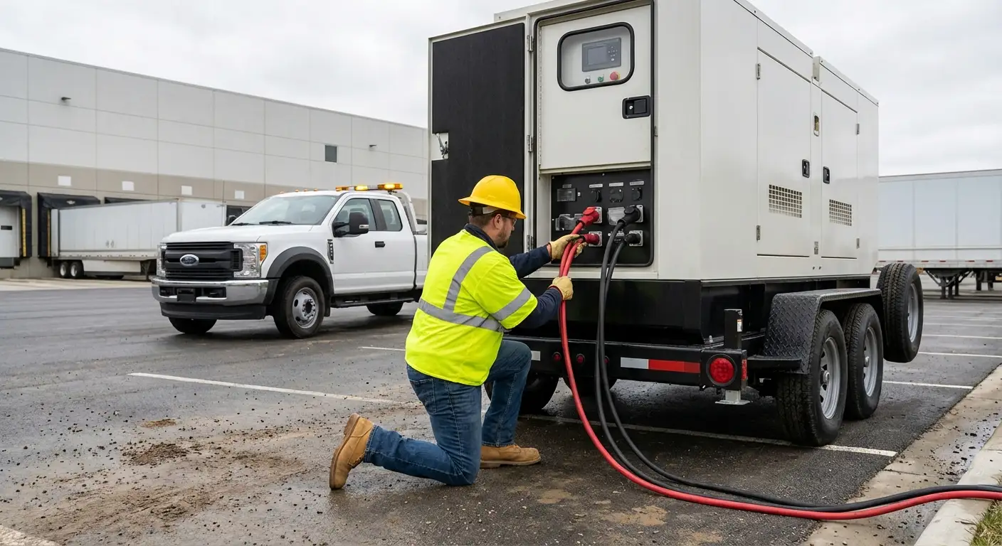 A 500kW mobile generator parked next to a large modern distribution center loading dock at dusk, powering temporary floodlights and equipment. in Walnut Creek, CA