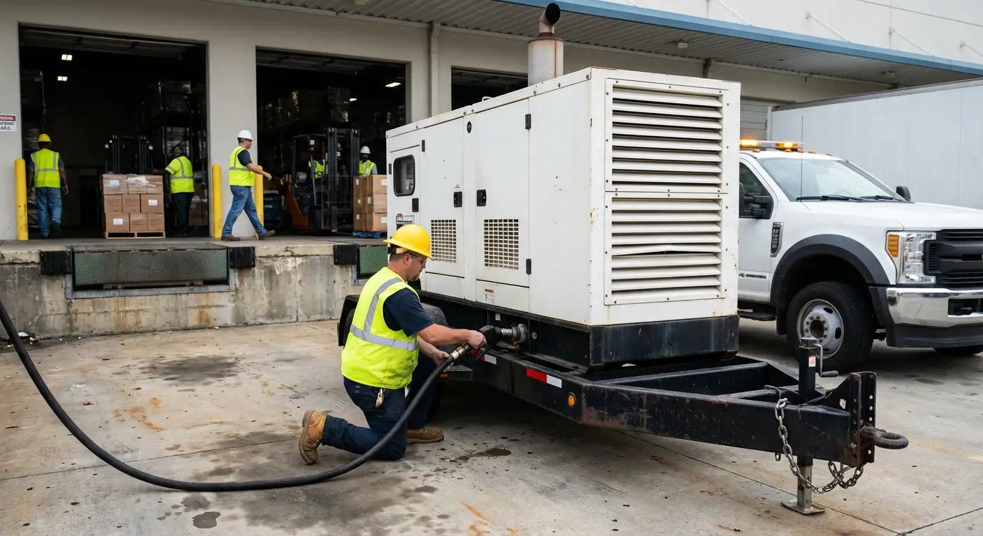 A commercial fuel bobtail truck parked next to a large industrial generator at a busy warehouse loading dock, filling the tank. in Walnut Creek, CA