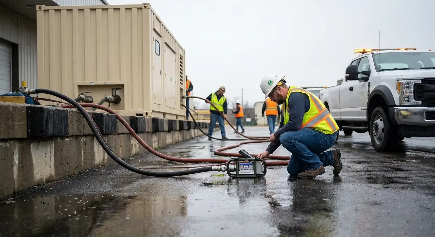 A massive 500kW containerized generator parked in a commercial loading dock during a rainy evening, with a fuel truck parked alongside extending a hose. in Walnut Creek, CA