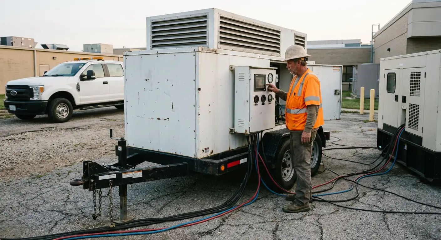 Technician in high-visibility gear adjusting controls on a portable load bank unit stationed outside a hospital utility bay at dawn. in Walnut Creek, CA