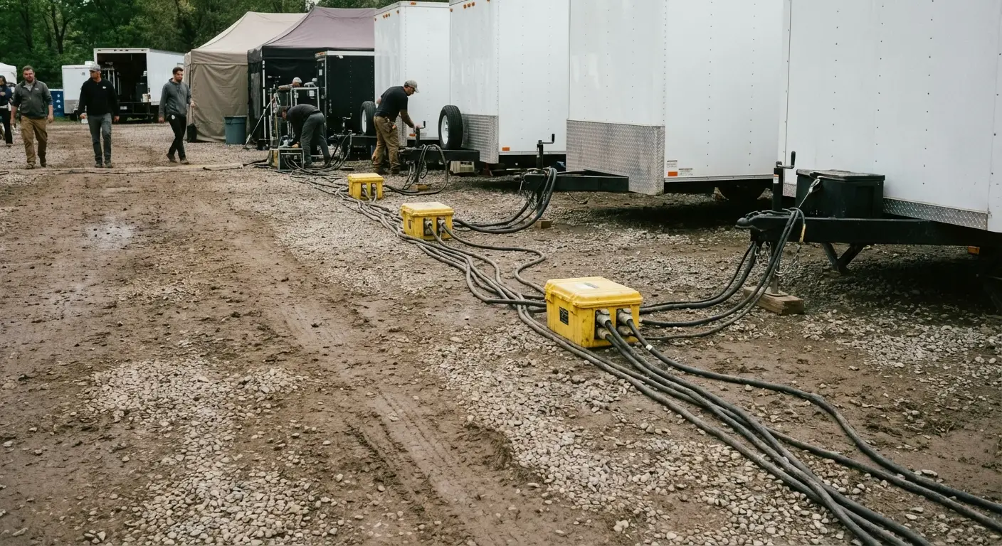 A behind-the-scenes view of a film production base camp; a row of white talent trailers is visible, with yellow cable ramps protecting heavy-duty power cables running along the ground. in Walnut Creek, CA