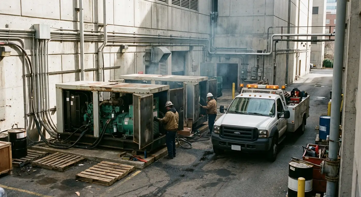 Two large white industrial generators connected in parallel outside a hospital utility building, with thick black cabling running into the facility. in Walnut Creek, CA