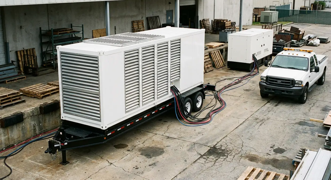 Wide shot of a large resistive load bank trailer connected to a commercial generator behind a busy warehouse loading dock. in Walnut Creek, CA