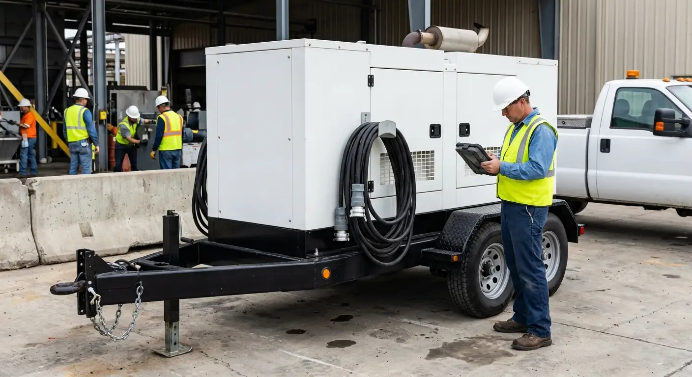 A technician checking the control panel of a towable generator stationed outside a brick factory building during the day, with industrial conduit visible. in Walnut Creek, CA