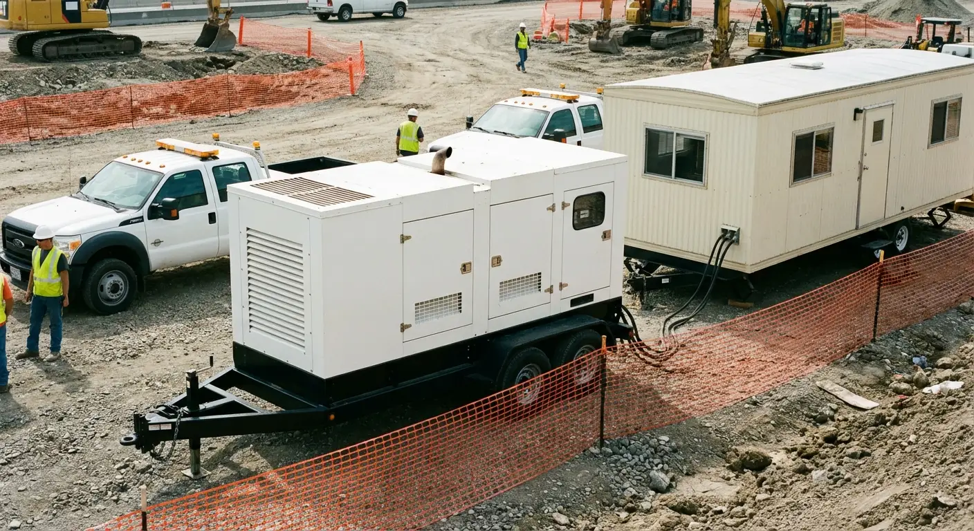 A rugged construction site setting featuring a beige mobile office trailer; in the foreground, a towable 40kW diesel generator is stationed on gravel, connected via thick black cabling to the trailer's power inlet. in Walnut Creek, CA