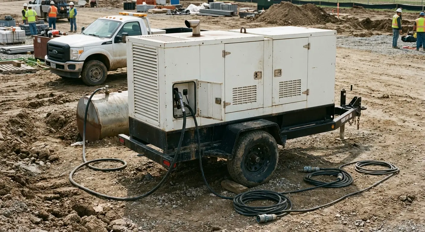 Early morning on a construction site, a fuel hose extending from a truck to a yellow towable generator sitting on gravel. in Walnut Creek, CA