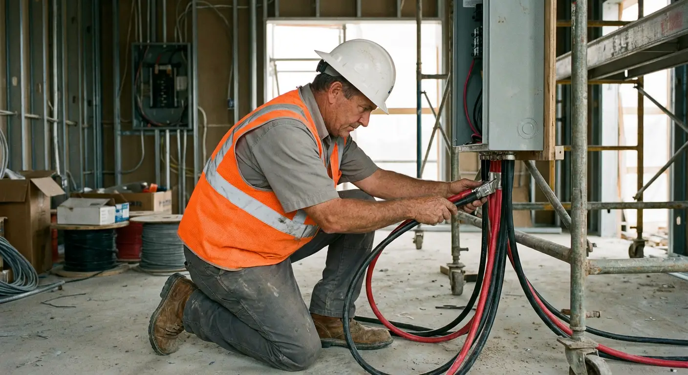 Close-up of heavy-gauge cam-lock cables being connected from a load bank to a building's main distribution panel. in Walnut Creek, CA