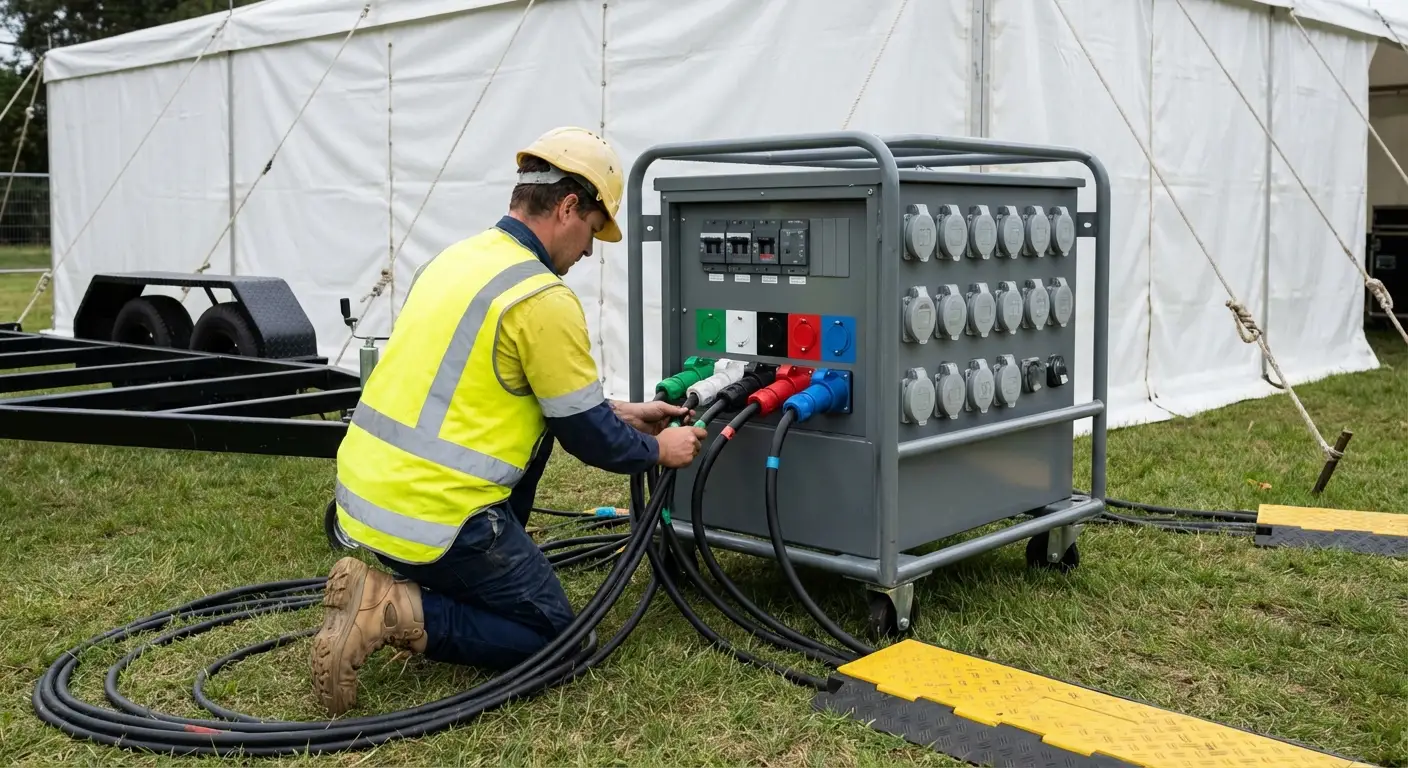 A sleek, white commercial generator placed discreetly behind a hedge at an outdoor event, connected to a distribution panel and spider boxes near a white tent. in Walnut Creek, CA